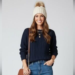 Made In Italy Wool Blend Navy Blue Speckled Cableknit Crewneck Sweater ￼